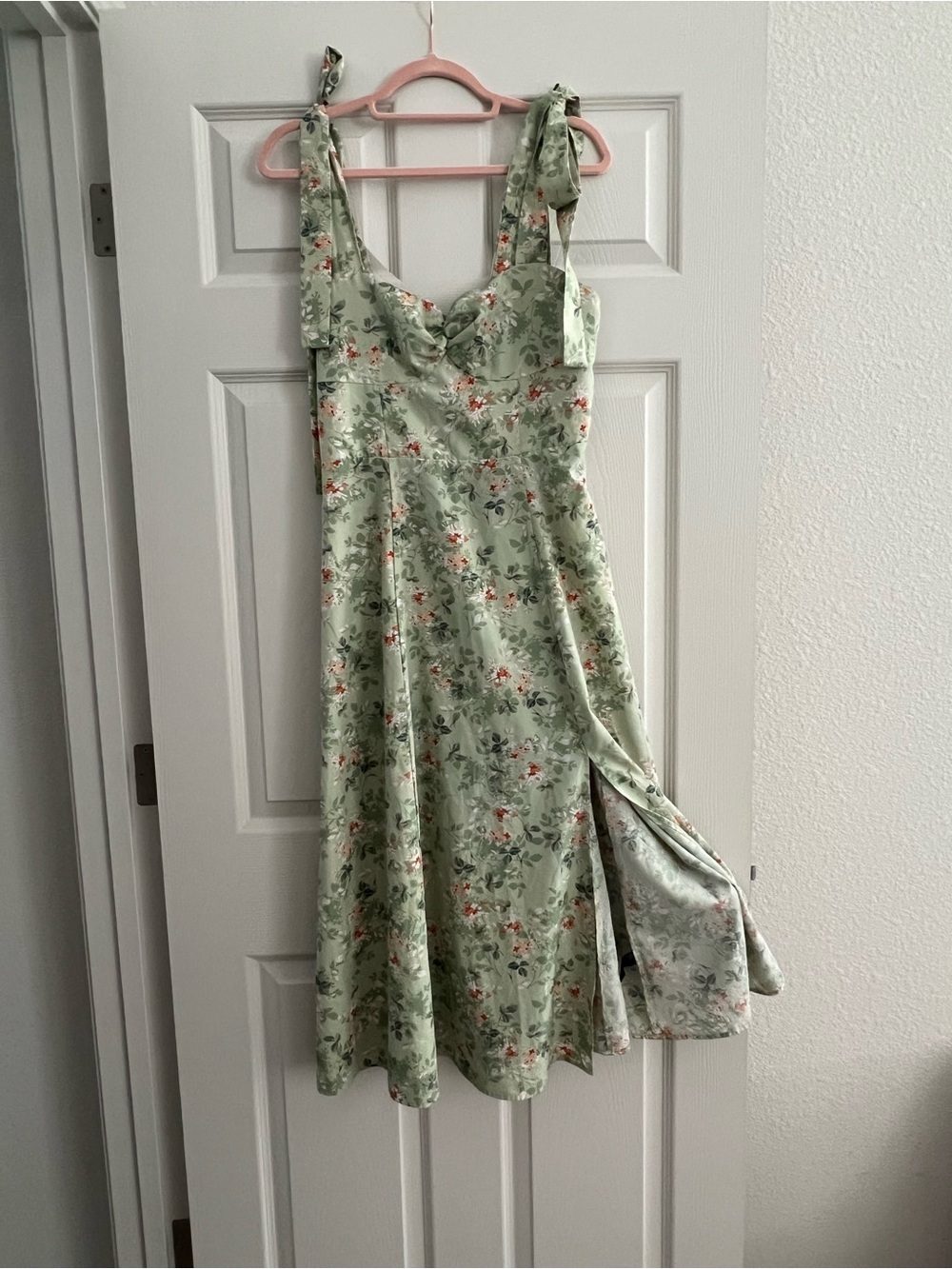 Pastel Sage Floral Tie-Strap Midi Dress